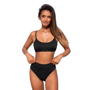 Cupshe Ribbed Scoop Neck Black Bikini Set